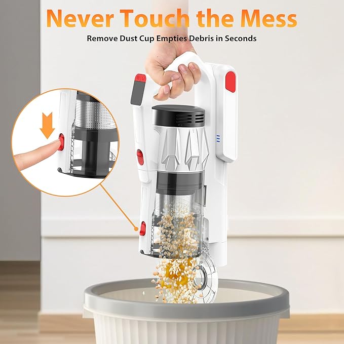Tikom V750 Cordless Vacuum Cleaner for Home, 45000Pa/500W Stick Vacuum with LED Display, Charging Wall Dock, Anti-Tangle, Lightweight Handheld Vacuum for Pet Hair, Hard Floor, Carpet, White