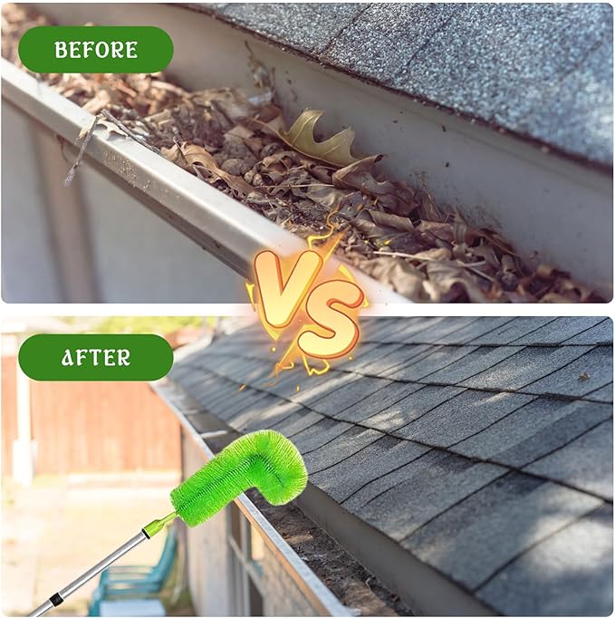 Gutter Cleaning Tools from The Ground, 10 FT Gutter Cleaner Tools for Removing Leaves and Debris, Rain Gutter Cleaning Tool with 8 Steel Tubes and 2 Brush Heads (Green)