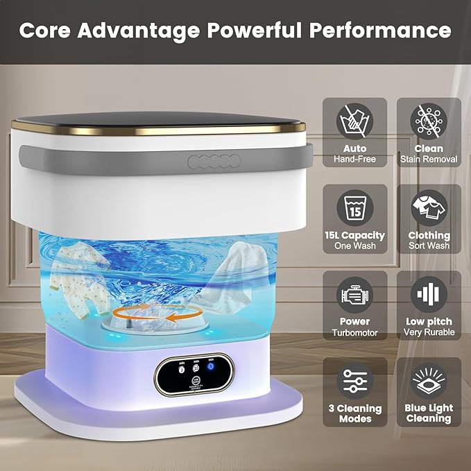 Portable Washing Machine, 15L Mini Washing Machine with Spin Basket & 3 Cleaning Modes for Small Clothes,Foldable Mini Washer for Apartments, Dorms, Camping (Gray)