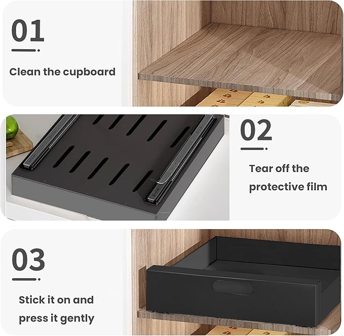 21'' Deep Pull Out Drawers for Cabinets, 10'' Wide Sturdy Carbon Steel Pull Out Cabinet Organizer Adhesive, Pantry Storage Shelves for Kitchen, Bathroom and Living Room