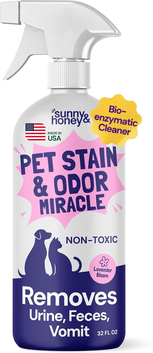 Sunny & Honey Pet Stain and Odor Remover - Enzyme Cleaner for Dog Urine and Poop on Carpets and Furniture - Strong Pet Carpet Cleaner Spray (32fl oz Lavender)