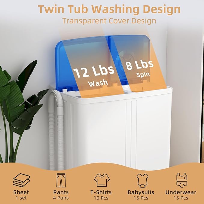 Zynkez Portable Washing Machine, 20Lbs Compact Twin Tub Laundry Washer with Built-in Drain Pump, Semi-Automatic 12Lbs Washer and 8Lbs Spinner Combo for Apartments, Dorms, RVs