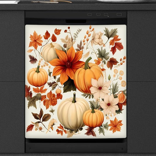 Dishwasher Magnet Cover Fall Pumpkins Flower Leaves Reusable Dishwasher Magnetic Cover Sticker Decorative Dish Washer Door Cover Panel for Home Kitcen Appliance, 21x26 in