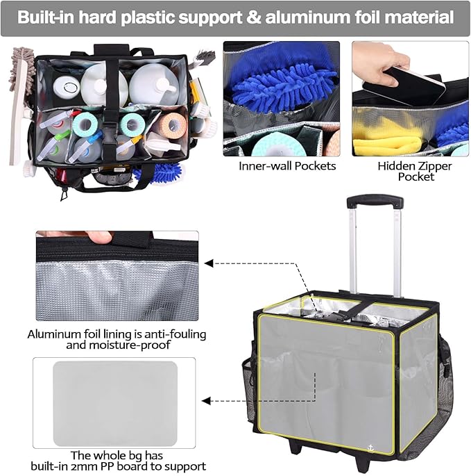 Extra large Rolling Cleaning caddy bag Built-in Hard Support Board,Cleaning Cart with Detachable Trolley, Housekeeping Cleaning caddy with Adjustable Shoulder Strap and Multiple Storage Pockets