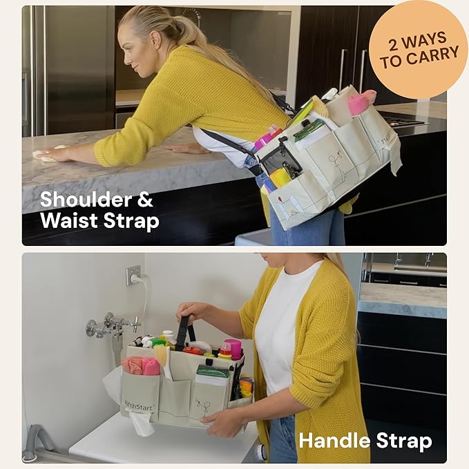 FifthStart Multiuse Cleaning Caddy with Waist, Shoulder Strap 9 Pockets, Mesh Base & Adjustable Compartments - Cleaning Caddy - Cleaning Supplies Organizer (Blue, Small)