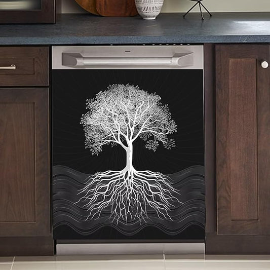 Tree of Life Dishwasher Magnet Cover, Retro Black Dishwasher Panel Decal Kitchen Refrigerator Magnets Decor Dishwasher Stickers for Farmhouse 23" x 26"