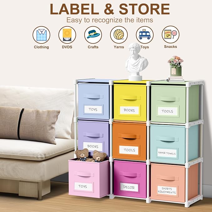 Geelin 9 Sets Cube Storage Organizer Bins with Shelf & Labels 11 Inch, Fabric Collapsible Cubby Toys Clothes Storage Drawer Unit for Daycare Nursery Playroom Bedroom Dorm Organizer (Pastel)