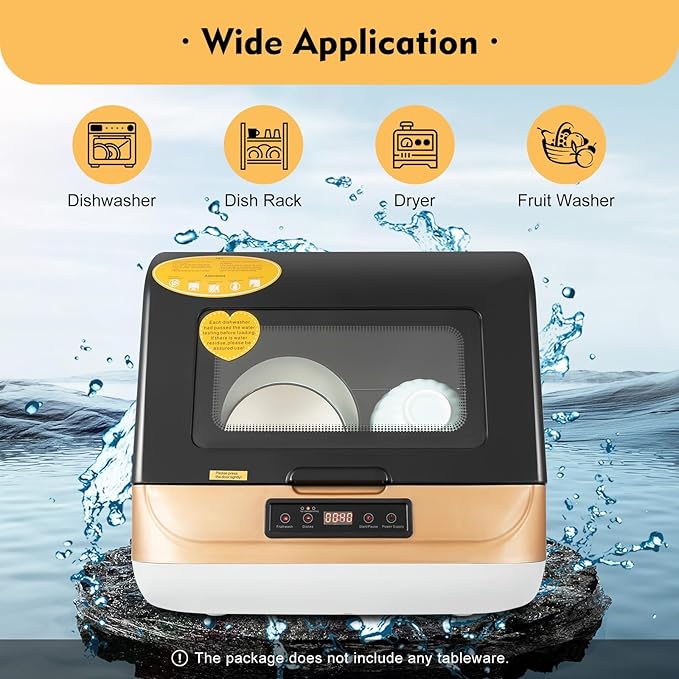 Countertop Dishwasher, 110V 800W Portable Compact Tabletop Dishwasher with 3 Washing Programs, Automatic Dish washer with Water Pipe, Cleaning Machine for Household Kitchen Apartment Boat (Gold)
