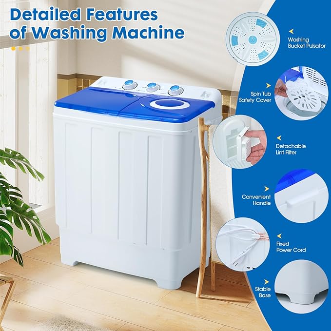 Portable Washing Machine Twin Tub - 28lbs Compact Washer (18lbs) and Spinner Dryer (10lbs) Combo with Drain Pump - Semi Automatic Washing Machine for Apartments, Dorms, RVs, Camping - Blue