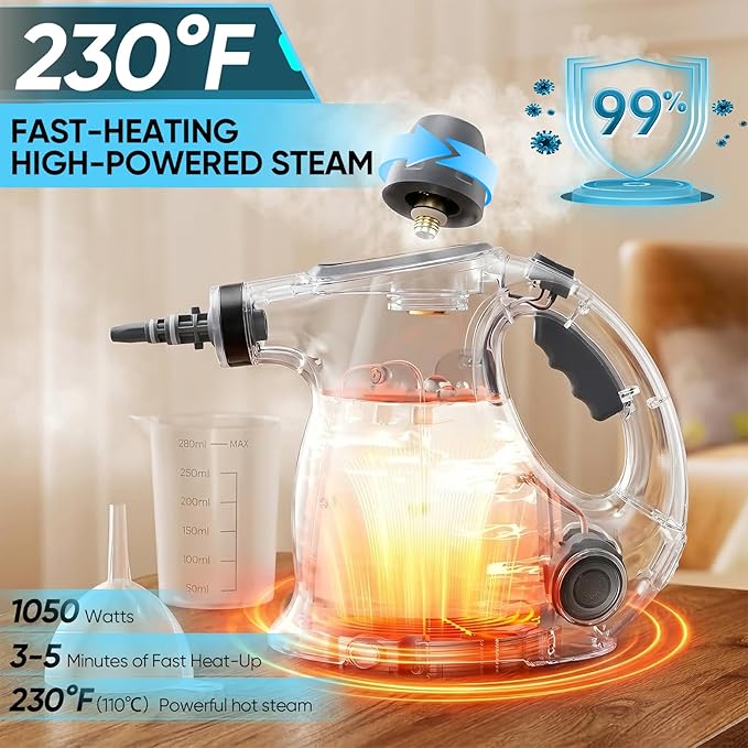 Sakerplus Steam Cleaner, Handheld Pressurized Steamer, 1050W 230°F Fast Heating with 9 Accessories, Multi-Surface Steam Cleaner for Home, Car, Tile & Grout, Windows, Upholstery (5 Towel Sleeve)