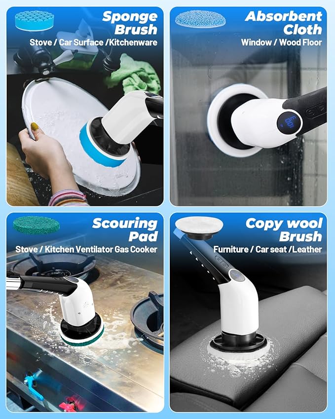 Electric Spin Scrubber,Bathroom Cleaning Brush,Shower Scrubber with Long Handle 8 Replaceable Brush Heads Voice Broadcast 3 Rotating Speeds,Tub Scrubber,Cordless Power Cleaning Brushes Floor Tile