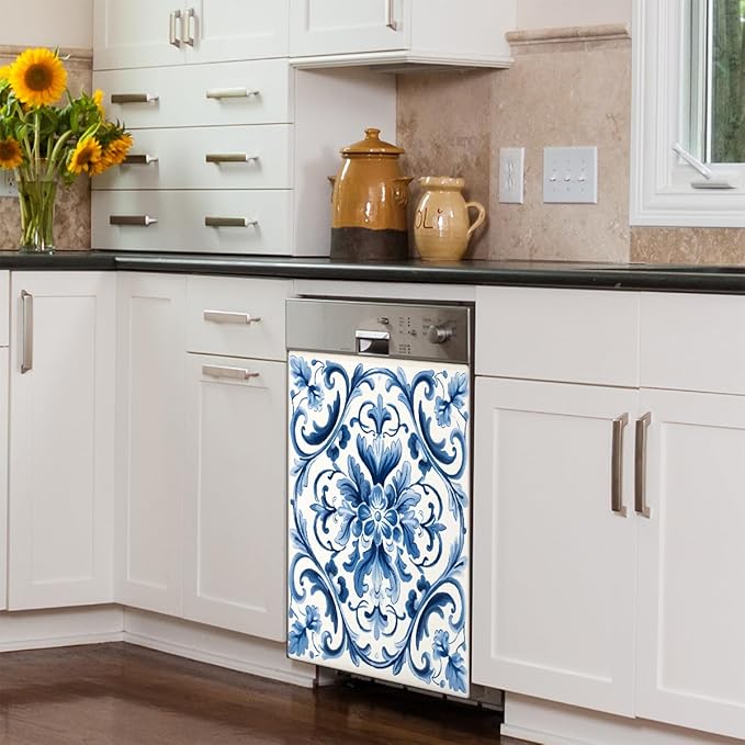 Dishwasher Magnet Cover Blue Flower Paisley Reusable Dishwasher Magnetic Cover Sticker Decorative Dish Washer Door Cover Panel for Home Kitcen Appliance, 21x26 in