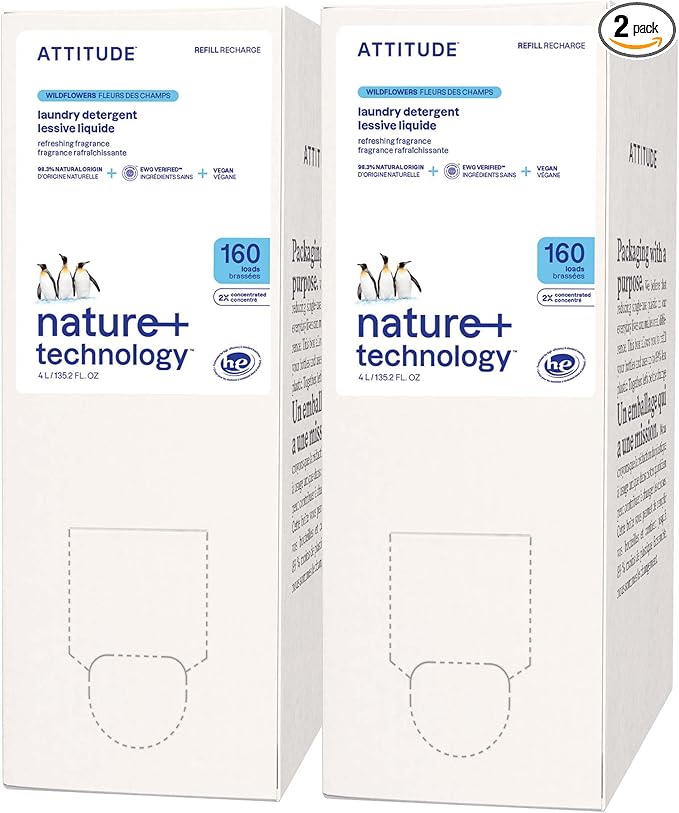 ATTITUDE Liquid Laundry Detergent Refill, EWG Verified, HE Compatible, Plant-Based & Vegan, Natural Laundry Soap, Wildflowers Scent, 160 Loads, 135.26 Fl Oz (Pack of 2)