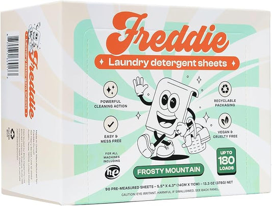 Freddie Laundry Detergent Sheets - Recyclable Packaging - No Mess Strips (Value Box (180 Loads), Frosty Mountain)