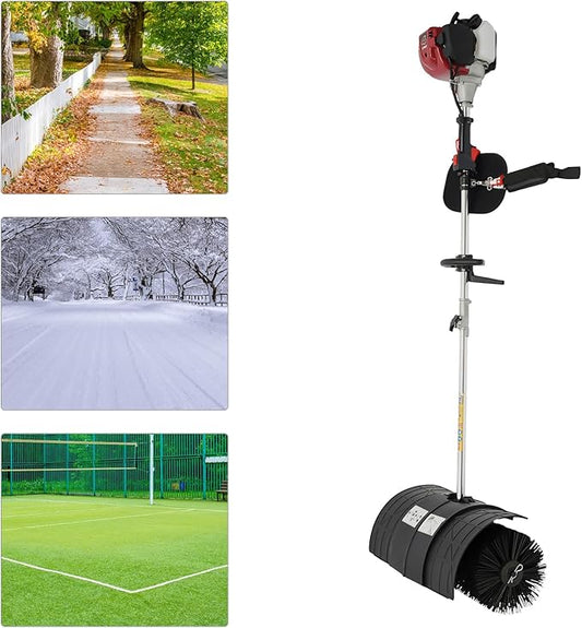 31CC 4 Stroke Gas Hand Held Sweeper, 1.4HP Outdoor Backpack Broom Lawn Sweeper with Single Cylinder & Air-Cooled, Artificial Grass Brush Gasoline Powered Broom for Driveway Street Turf Snow