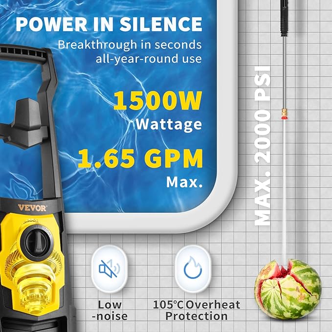 VEVOR Electric Power Washer, 2000 PSI 1.65 GPM, Portable Cleaner with 30ft Hose, Foam Cannon & 5 Nozzles for Cars, Patios, Fences - ETL Listed