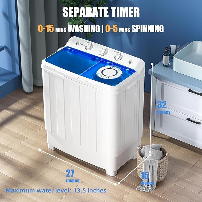 Auertech Portable Washer and Dryer Combo, 28 Lbs Twin Tub Washing Machine, 1.5 Cu.Ft Compact Clothes Dryer, Portable Washing Machine and Dryer Set for Laundry Apartment, RV, Dorm, Grey
