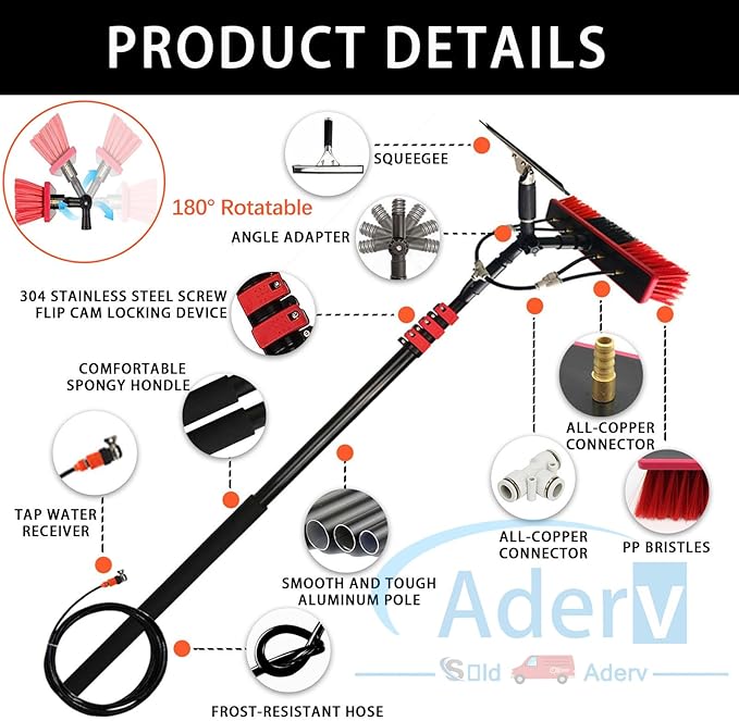 3.6-10.8 M Washing Kit: Water-fed Brush,Squeegee,Soap Dispenser, Window Cleaning Pole, Water Fed Telescopic Brush, Window Cleaner Equipment, Car Cleaning Brush (35cm Brush,5.4M)