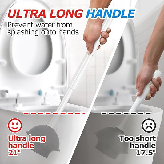 2Pack 2 in 1 Toilet Brush and Plunger Set, Toilet Bowl Brush Plunger Set,Extended Handle Plunger,Bathroom Cleaning Tools,Toilet Brush Plunger Combo,Cleaning Brush（Pearl White，21inch）
