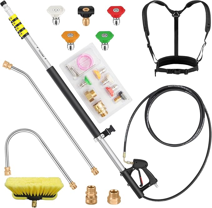 24 FT Telescoping Pressure Washer Wand Extension, Hot Water Supported Power Washer Extension Wand with Brush Head, 5 Nozzle Tips, 2 Adapters, Harness, Gutter Cleaning Tools from The Ground
