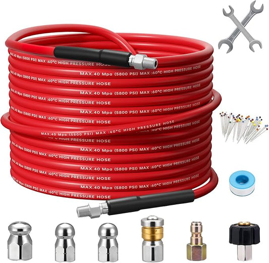 100FT Sewer Jetter Kit for Pressure Washer,1/4 Inch NPT Corner Max Working Pressure Drain Cleaner Hose 5800 PSI Sewer Blasting Hose 4 Sewer Blasting Nozzles