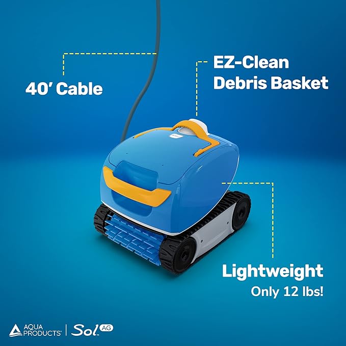 Aqua Products SOLAG Sol AG Robotic Pool Cleaner, Automatic Vacuum for Above Ground Pools up to 30ft, 40ft Cable Length, Floor & Cove Cleaning w/ Strong Suction & Easy to Clean Debris Basket