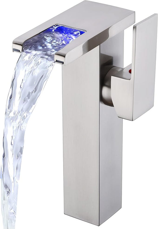 LED Waterfall Bathroom Sink Faucet, 3 Colors Changing Glass Spout Faucet with Water Supply Hose, Single Handle Single Hole Slanted Body Brass Mixer Vanity Sink Tap (Brushed Nickel)