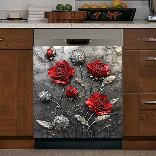 Kitchen Decor Dishwasher Magnet Cover Decal, Metal Red Roses on Gray Textured with Silver Leaves Magnetic Dish Washer Door Vinyl Sticker, Refrigerator Magnets,Easy to Clean, 23 x 26 inch