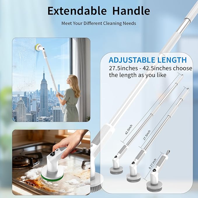 Electric Spin Scrubber, Cordless 20W High-Torque IPX7 Waterproof Cleaning Brush with LED Battery Display, 2-Speed &6 Replaceable Heads & Extendable Long Handle
