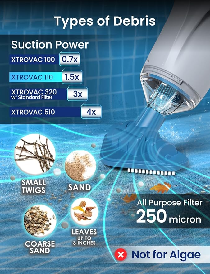 KOKIDO Rechargeable Handheld Pool Spa Hot Tub Vacuum Cordless, IPX8, Aluminum Pole and 2 Brush Heads, Ideal for Light-Duty Spot Cleaning Spa Above Ground Pool up to 20ft, 60min, Sand and Debris XV110
