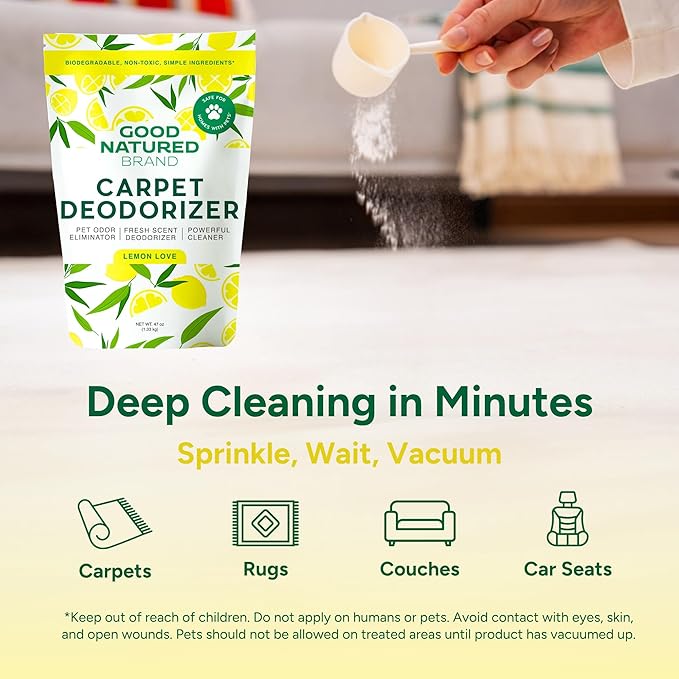 Good Natured Brand | Carpet Deodorizer & Freshener Powder | 47 oz Pet Odor Eliminator for Strong Odor & Pet Urine | Fresh Natural Lemon & Eucalyptus Scent | Safe for Homes with Pets