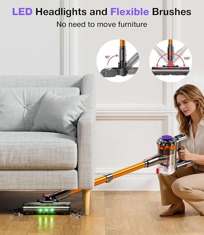 Cordless Vacuum Cleaner, 550W 45KPA 65Mins Vacuum Cleaners for Home, Stick Vacuum with Self-Standing, LED Display & Anti-Tangle Wireless Vacumm, Lightweight Vacuum for Pet Hair Carpet Floor