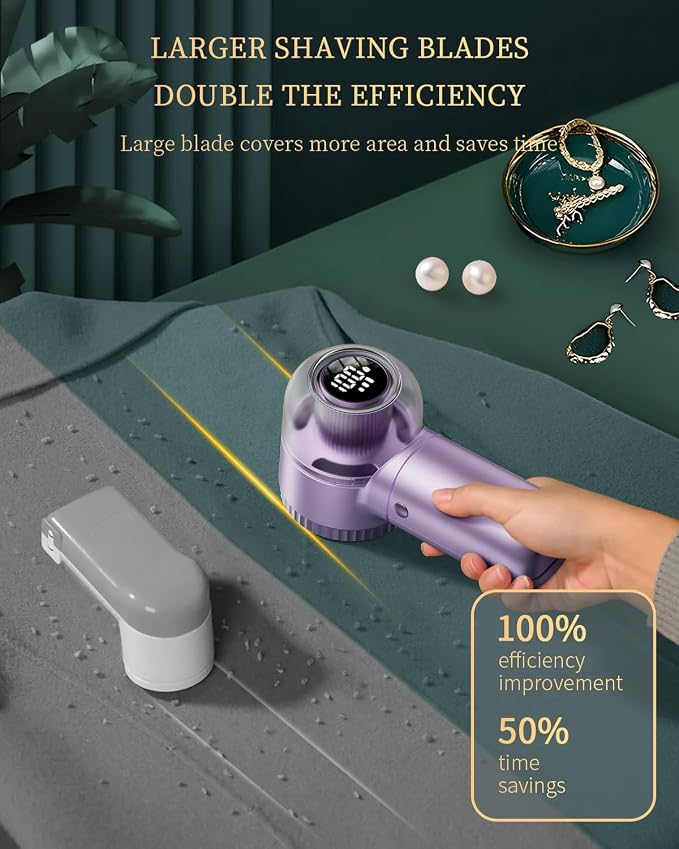 Fabric Shaver with Lint Brush, Large Lint Shaver with Digital Display | 3-Speeds Lint Remover with 6-Leaf Blades, 1200mAh Electric Sweater Shaver to Remove Pilling for Clothes, Furniture - Image 3