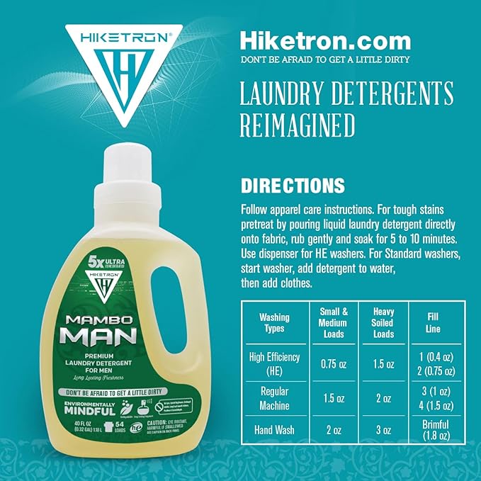 Hiketron Mambo Man Liquid Laundry Detergent, 5x Ultra Concentrated, Tough Stains Remover, Long Lasting Masculine Scent (80 Fl Oz, Pack of 2)