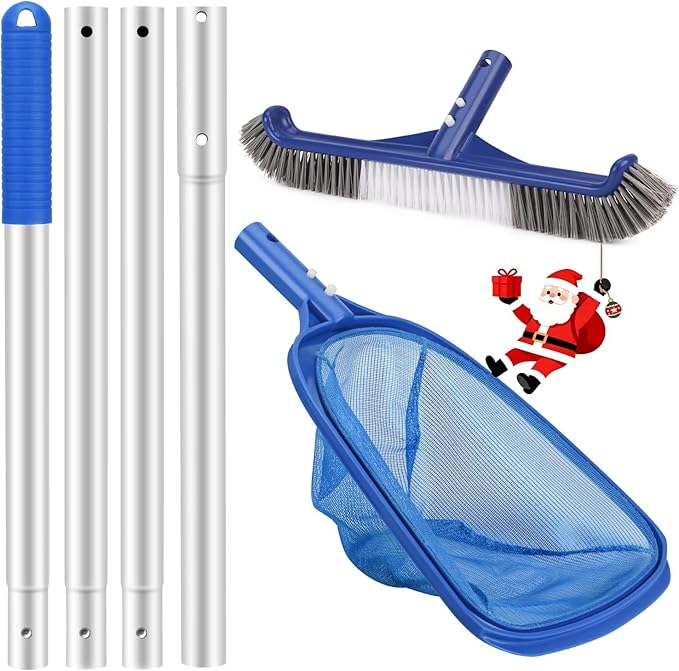 Swimming Pool Cleaning Kit - Includes Pool Skimmer Net, 18" Pool Brush with 8ft Adjustable Pole, Pools Maintenance Kits for Inground & Above Ground Swimming Pools, Removes Debris