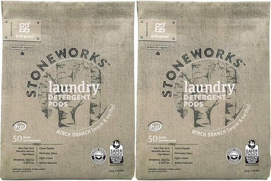Grab Green Stoneworks Laundry Detergent Pods, 100 Count, Birch Branch Scent, Plant and Mineral Based, Cleans Deeply, Eliminates Odors, Fights Stains