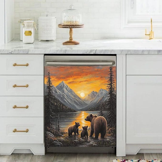 Lake Sunset Reflection Brown Bear Dishwasher Magnet Cover, Creative Kitchen Appliances Panel Decorate Refrigerator Front Door Magnets Decals 23" W x 26" H