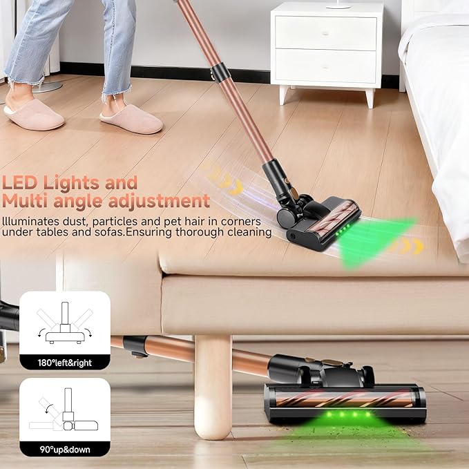 Cordless Stick Vacuum Cleaner - 45KPA Powerful Suction Vacuum with 45 Min Runtime, Detachable Battery, Anti-Tangle & 1.5L Dust Cup, 8 in 1 Vacuum Cleaner for Pet Hair, Carpet, HardFloor, Gold