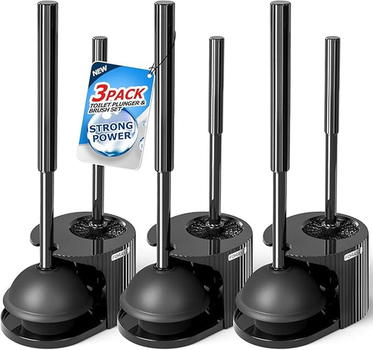 3Pack 2 in 1 Toilet Brush and Plunger Set, Extended Handle Plunger,Toilet Bowl Brush Plunger Set,Bathroom Cleaning Tools,Toilet Brush Plunger Combo,Cleaning Supplies，Black