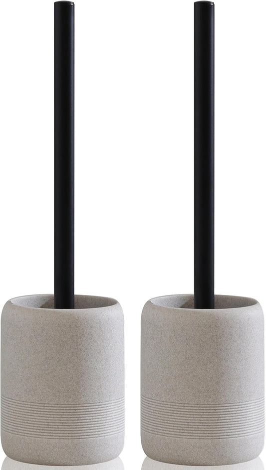 Toilet Brush and Holder Set, 2 PCS Decorative Toilet Bowl Brush and Holder Set Bathroom Aceessories Toilet Scrubber Brush Set with Heavy-Weight Resin Base with Long Handle (Beige)
