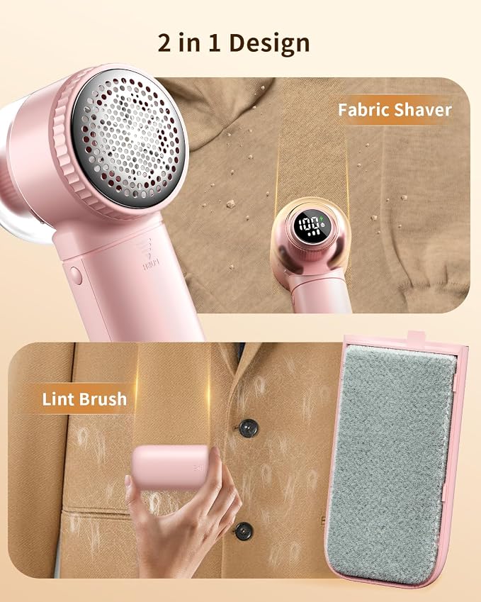 Fabric Shaver with Lint Brush, Large Lint Shaver with Digital Display | 3-Speeds Lint Remover with 6-Leaf Blades, 1200mAh Electric Sweater Shaver to Remove Pilling for Clothes, Furniture - Image 3