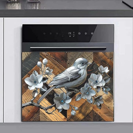 Stainless Steel Bird Flowers Dishwasher Magnet Cover for Home Appliances, Vintage Wood Grain Magnet Refrigerator Panel Decal, Silver Metal Bird Magnetic Dishwasher Sticker 23" W x 17" H