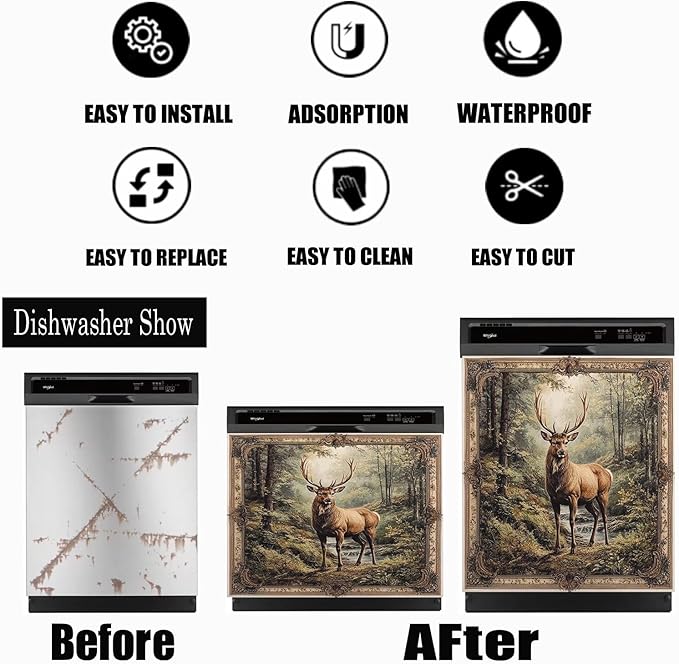 Kitchen Decor Deer Dishwasher Magnet Cover Decal, Vintage Forest Elk Magnetic Dishwasher Covers Decorative, Animal Dishwasher Skin (Magnetic) 23" W x 17" H