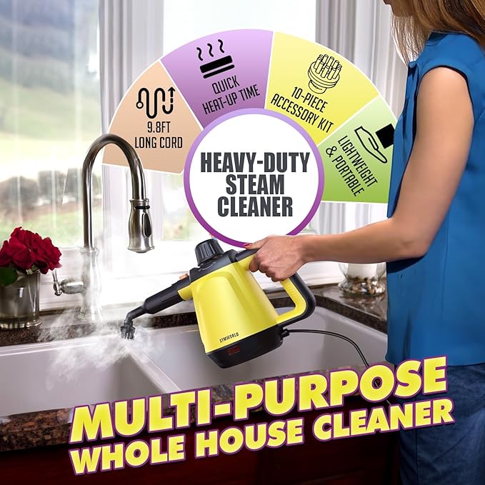 Natural Multi-Surface Handheld Steam Cleaner with 10 Accessories, 13.5OZ Pressurized Multipurpose On Demand Steam Cleaner for Home, Steamer for Cleaning Dirt, Grease, Grout, Tile, Windows, Couch, Car