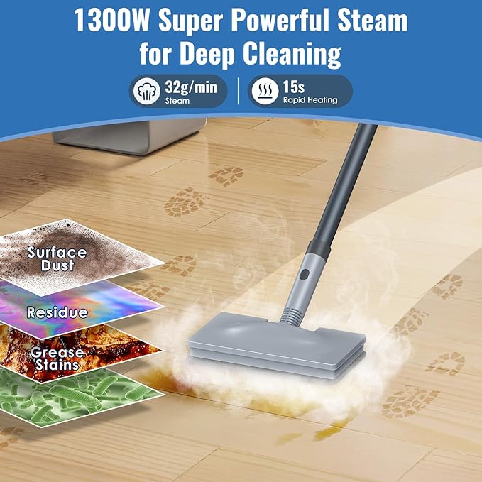 FEPPO Steam Mop & Detachable Handheld Steam Cleaner for Home and Floor Cleaning, 15s Heat-Up, 230°F Floor Steamer for Deep Cleaning with Multi-purpose Attachments Hardwood Floors, Tile,Grout,Furniture