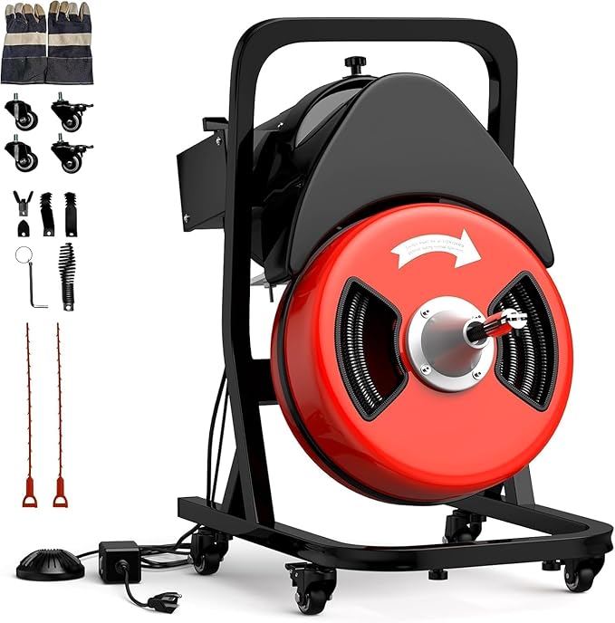 50FTx1/2 Inch Drain Cleaner Machine with Wheels, Sewer Snake Drain for 2" to 4" Pipes, Plumbing Snake Auger Cleaner with 6 Cutter & Foot Switch for Sewer, Sink, Toilet, Bathroom