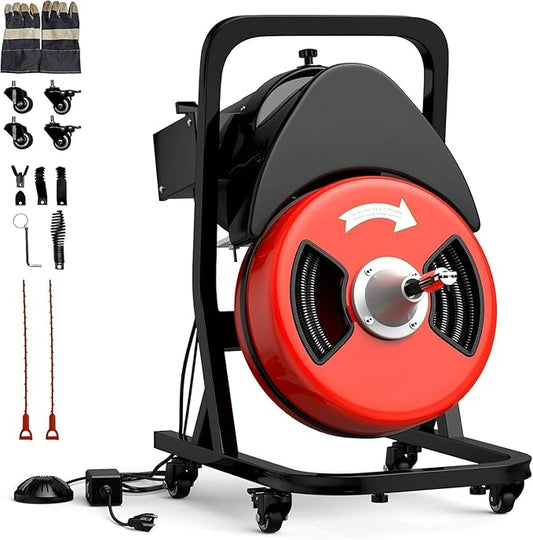 50FTx1/2 Inch Drain Cleaner Machine with Wheels, Sewer Snake Drain for 2" to 4" Pipes, Plumbing Snake Auger Cleaner with 6 Cutter & Foot Switch for Sewer, Sink, Toilet, Bathroom