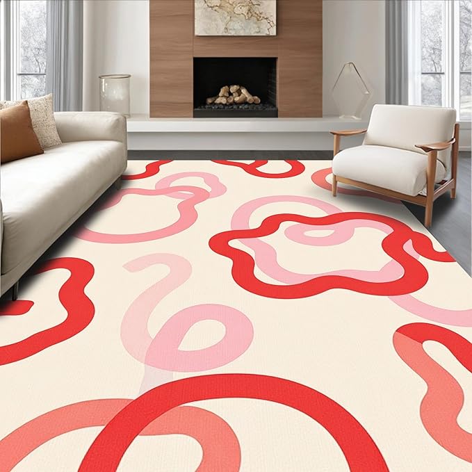 Flatwoven High Traffic Area Rug 6x9, Abstract Swirl Mosaic Design Bathroom Curtain with Matching Towels, Non Slip, Stain Resistant, Washable Area Rugs for Living Room, Bedroom (Red, 6x9)