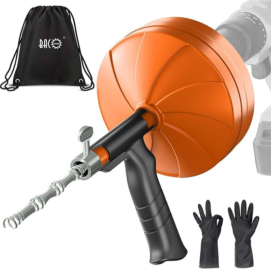 BACOENG 33Ft Drain Auger, Heavy Duty Plumbing Snake with Drill Adapter, Use Manually or Powered for Drain Clog, Shower Sink, Comes with Gloves and Bag (Orange)