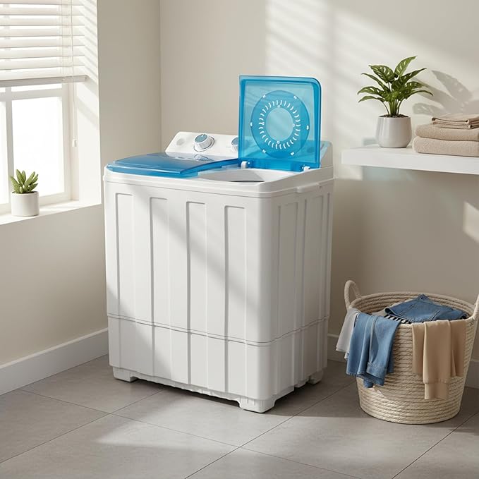 Portable Washing Machine Twin Tub - 14lbs Compact Washer (9,5lbs) and Spinner Dryer (4.5lbs) Combo with Drain Pump - Semi Automatic Washing Machine for Apartments, Dorms, RVs, Camping - Blue
